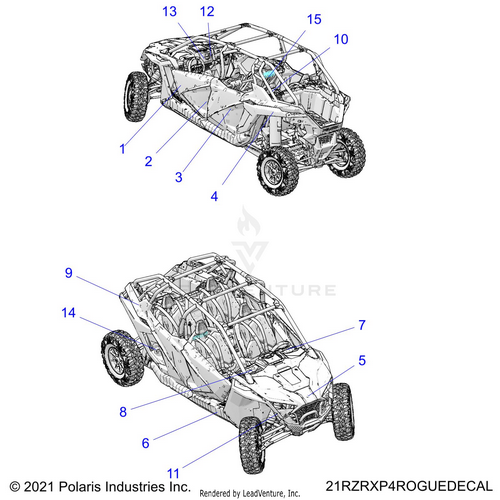 An Image of a Genuine Polaris Parts Schematic Diagram showing the schematic - BODY: DECALS - 2021 POLARIS RZR PRO XP 4 ULTIMATE ROCKFORD LE