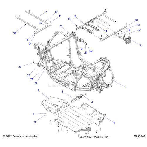 An Image of a Genuine Polaris Parts Schematic Diagram showing the schematic - CHASSIS: MAIN FRAME AND SKID PLATES - 2023 POLARIS RZR PRO XP SPORT