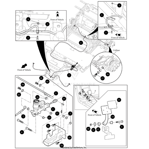 Technical diagram with labeled components and connections of a vehicle’s brake system, highlighting calipers, master cylinder, hoses, and the Arctic Cat Nylon Wedge Lock Clamp 11.8 In (OEM part), with arrows indicating placement.