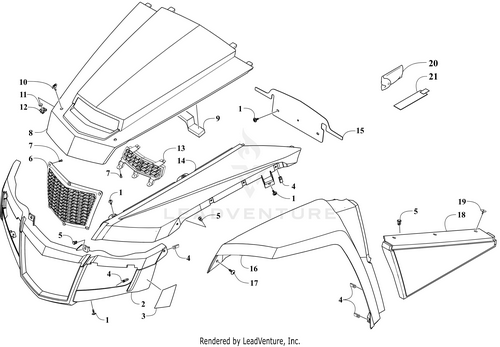 Line drawing of car front-end parts such as hood, grille, bumper, fender, headlights, and connectors like the Reinstallable Rivet by Arctic Cat. Each OEM Arctic Cat part is labeled with a number for easy reference.