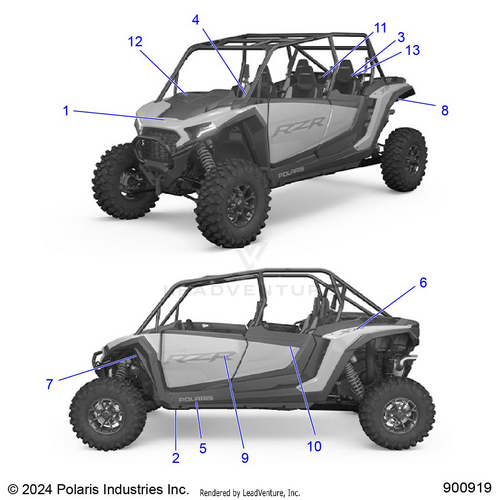 An Image of a Genuine Polaris Parts Schematic Diagram showing the schematic - BODY: DECALS - 2025 POLARIS RZR XP 4 1000 PREMIUM