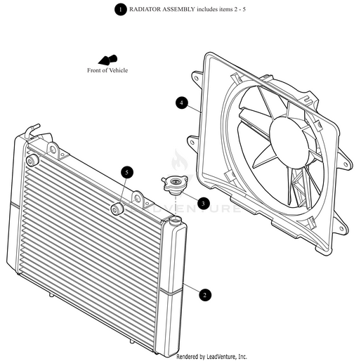Line drawing of a Radiator Flat by Arctic Cat with numbered parts: radiator, cooling fan, cap, and mounting hardware. An arrow shows the vehicles front; the fan sits behind the radiator. Fits OEM Arctic Cat components.