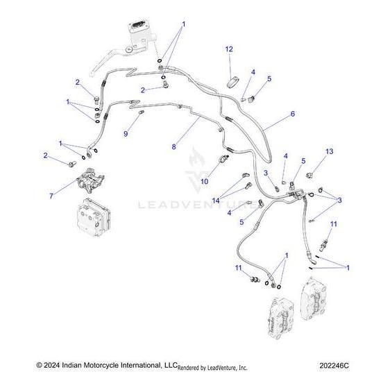 Exploded diagram of a motorcycle brake line system featuring the Line Brake Front Cal To Mod by Polaris, with labeled hoses, connectors, bolts, and calipers on a white background.
