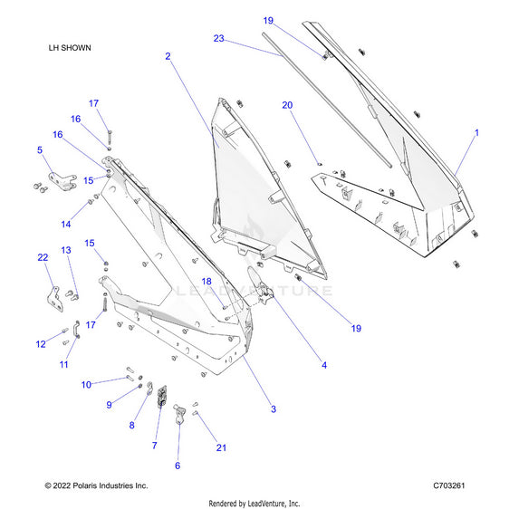 An Image of a Genuine Polaris Parts Schematic Diagram showing the schematic - BODY: DOORS FRONT - 2023 POLARIS RZR PRO R 4 SPORT