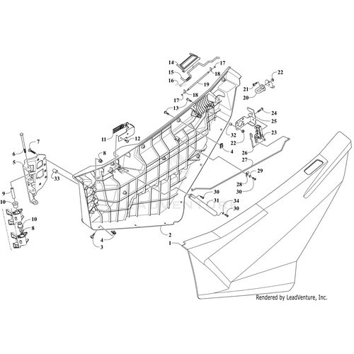 Exploded diagram of the Door Panel W/O Decals - Right - Outer - Black by Arctic Cat, showing labeled components like the outer panel, handle, lock mechanism, window controls, fasteners, and numbered parts for easy reference.