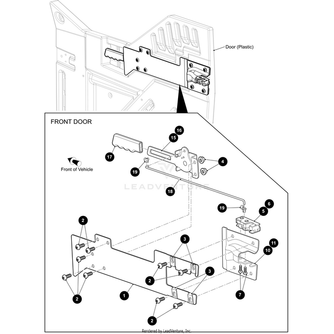 Technical diagram of the Arctic Cat Cover Plate Door Inner, displaying numbered screws, brackets, handle, and mounting parts—compatible with select OEM Arctic Cat components for use in Wildcat models.