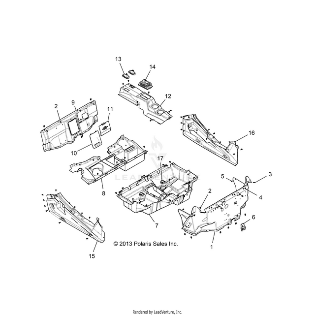 An Image of a Genuine Polaris Parts Schematic Diagram showing the schematic - BODY: FLOOR and ROCKER PANELS - 2015 POLARIS RZR XP 1000