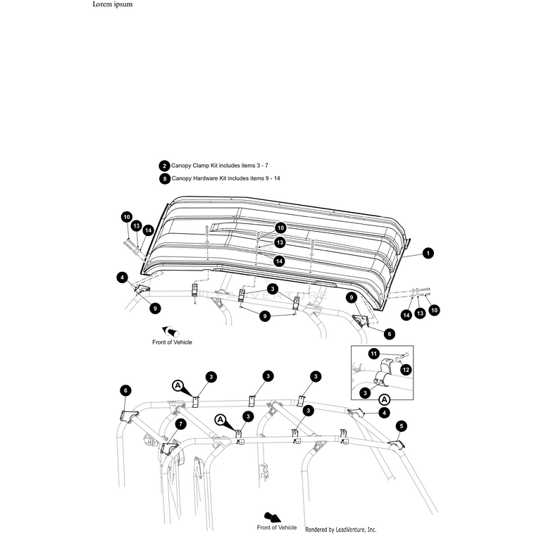 Line drawing of a vehicle roof rack with labeled reference keys for Canopy Clamps (Includes Items 3–7) by Arctic Cat. Insets highlight connection points and other OEM Arctic Cat parts.