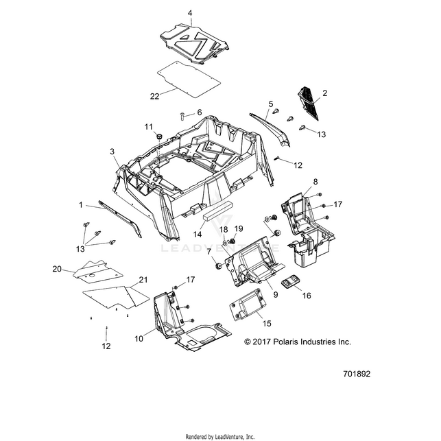 An Image of a Genuine Polaris Parts Schematic Diagram showing the schematic - BODY: REAR RACK and FENDERS - 2018 POLARIS RZR 570