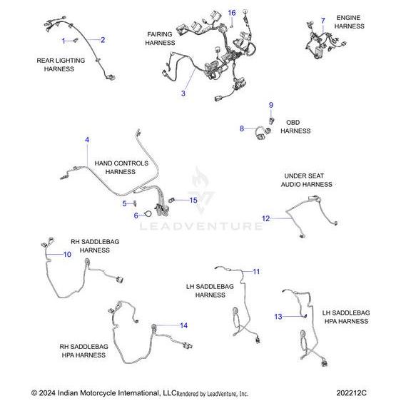 Wiring harness diagram for motorcycles, featuring labeled connections for engine, lights, audio, and Indian Motorcycle OEM parts. Includes detailed schematic layout of Harness L Fairng Hwlc Cmfg2 V1 by Polaris with numbered components.