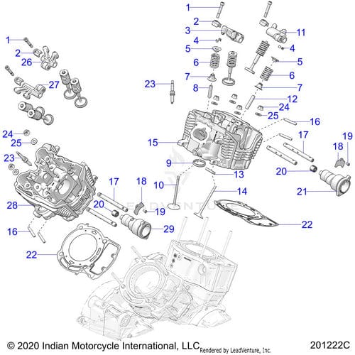Exploded diagram of a motorcycle engine cylinder head assembly with numbered parts, including valves, springs, camshafts, bolts, and an OEM Gasket Cylinder Head 110Mm by Polaris. Some parts are labeled; base components are partially transparent for clarity.
