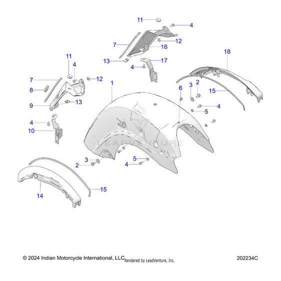 Exploded diagram of the Weld Fender Rear Bludsk [Blue Dusk] by Polaris for Indian Motorcycle, showing numbered parts like the main fender, brackets, bolts, and screws—each marked with blue numbers for reference.