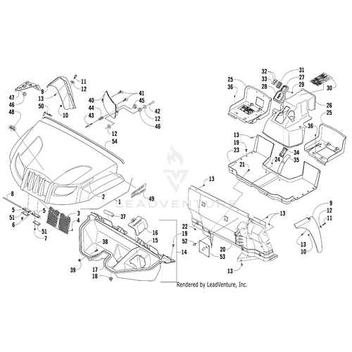 Exploded view diagram of ATV body parts and panels, numbered for reference, including hood, fenders, dashboard, inner components, and the Seat Base - Left by Arctic Cat separated for easy OEM parts assembly guidance.