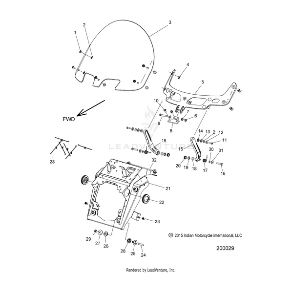 Exploded diagram of the Polaris Windshield Med Ind for Chieftain, displaying numbered parts such as the windshield, brackets, bolts, and screws, with an arrow showing forward direction.