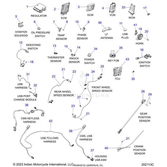 Labeled diagram of Indian Motorcycle wiring, featuring OEM parts like sensors, ECM, cables, and the Ignition No Fork Lock | [Includes Switch And Keys] by Polaris—all with numbered labels matching a detailed parts list.
