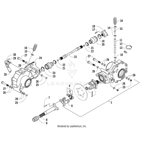 Exploded diagram displaying numbered parts—shafts, gears, housing, bearings, fasteners—including the Hose Clamp Double Wire by Arctic Cat. Perfect for identifying OEM Arctic Cat Parts or UTV Accessories with clear separation and labeling.