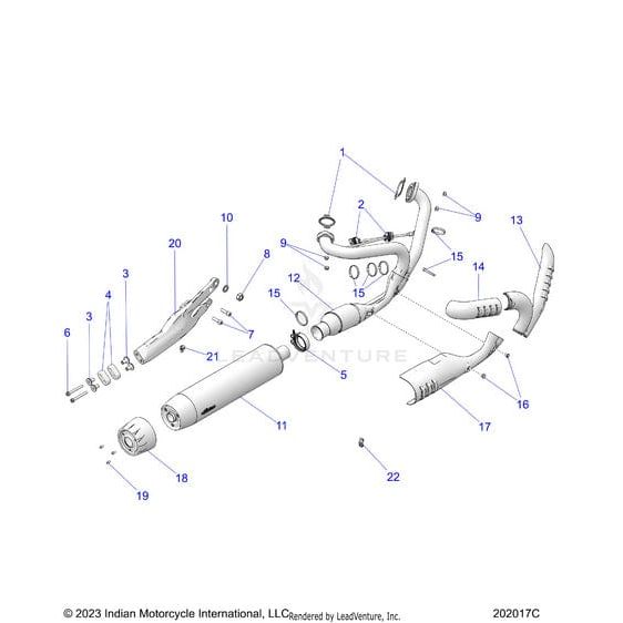 Exploded view diagram of motorcycle exhaust system parts, featuring Gasket Exhaust by Polaris and other OEM items—pipes, bolts, washers, and heat shields. Each Polaris Factory-Direct Component is clearly numbered for easy identification.