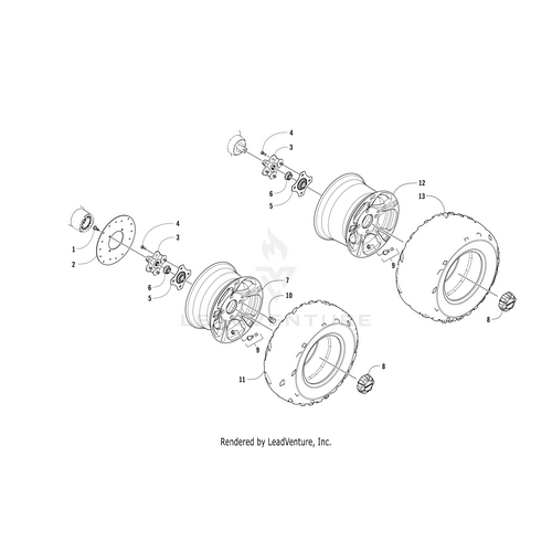 Exploded diagram of ATV wheel assembly, featuring Tire Bighorn 2 -27X9R14 (Fr14) by Arctic Cat, with labeled and numbered OEM parts including rim, axle, bolts, spacers, and washers.