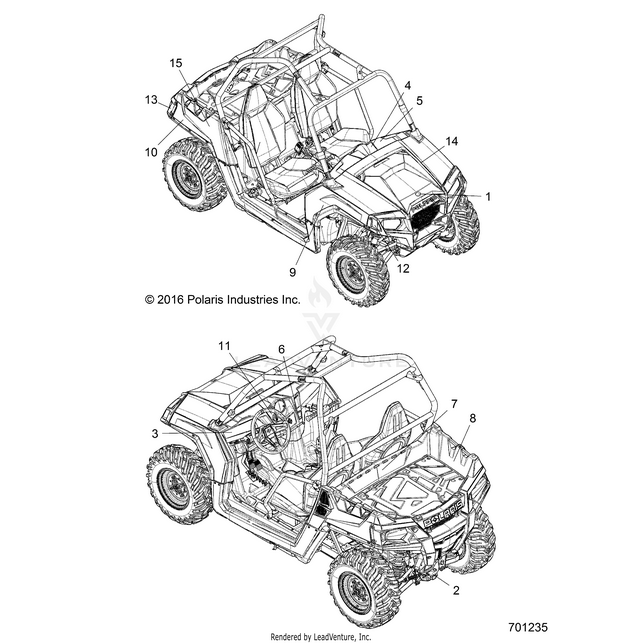 An Image of a Genuine Polaris Parts Schematic Diagram showing the schematic - BODY: DECALS - 2018 POLARIS RZR 570