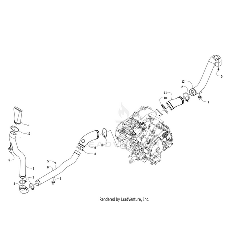 Exploded diagram of an engine air intake system displaying numbered Air Duct-Out by Arctic Cat parts for OEM Arctic Cat UTV/ATV intake assemblies, including pipes, connectors, and the engine.