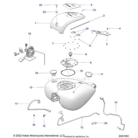 Exploded diagram of the Tank Fuel Sgrygfx [Storm Gray W/ Gfx] by Polaris, showing numbered components such as tank, cap, hoses, sending unit, and OEM parts with reference numbers for each.