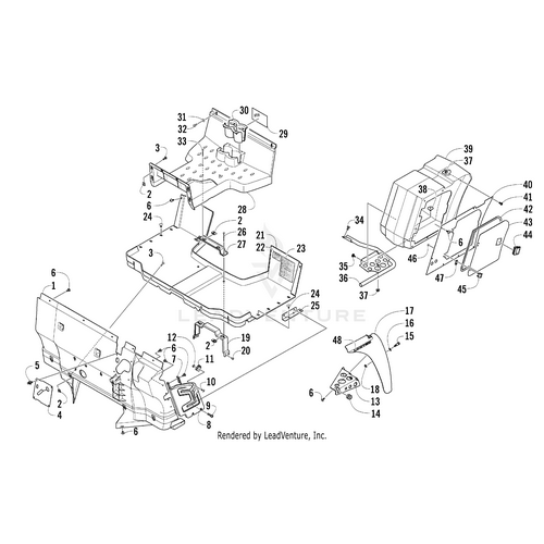 Exploded diagram labeled 1–47, detailing the assembly of OEM Arctic Cat Limited Decal parts for device repair—shows panels, plates, brackets, fasteners—perfect reference for fixing or replacing Limited Decals on Arctic Cat Wildcat models.