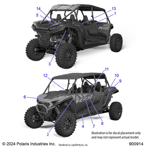 An Image of a Genuine Polaris Parts Schematic Diagram showing the schematic - BODY: DECALS - 2025 POLARIS RZR XP 4 1000 ULTIMATE