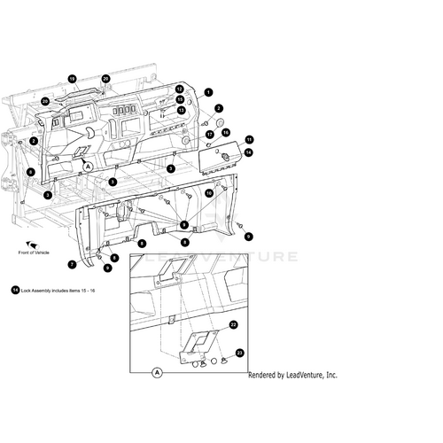 Line drawing of a vehicle dashboard assembly with labeled parts. An inset at the bottom left highlights the lock assembly (items 15-16) and references the License Plate Closeout Steering Bracket by Arctic Cat.