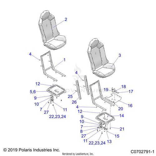 An Image of a Genuine Polaris Parts Schematic Diagram showing the schematic - BODY: SEAT ASM. AND SLIDER - 2023 POLARIS RZR XP 4 1000 PREMIUM RIDE COMMAND