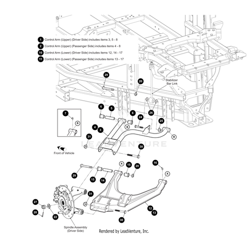 Black-and-white diagram of a vehicles front suspension, with labeled parts including the Arctic Cat A-Arm—Rear Lower Left Black-Weld (for Havoc Models Only)—plus control arms, spindle assembly, and stabilizer bar link for easy OEM part identification.