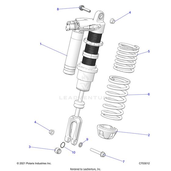 An Image of a Genuine Polaris Parts Schematic Diagram showing the schematic - SUSPENSION: FRONT SHOCK MOUNTING STANDARD/PREMIUM - 2024 POLARIS RZR TURBO R 4 ULTIMATE
