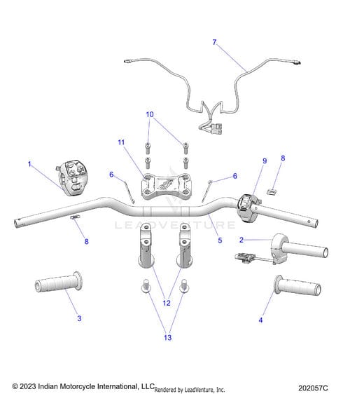 Exploded diagram of the Etc 7/8Bar 80Deg by Polaris handlebar assembly, displaying numbered parts like the handlebar, grips, switches, risers, and hardware corresponding to the OEM Parts list.