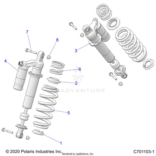 An Image of a Genuine Polaris Parts Schematic Diagram showing the schematic - SUSPENSION: REAR SHOCK MOUNTING - 2020 POLARIS RZR S 4 1000