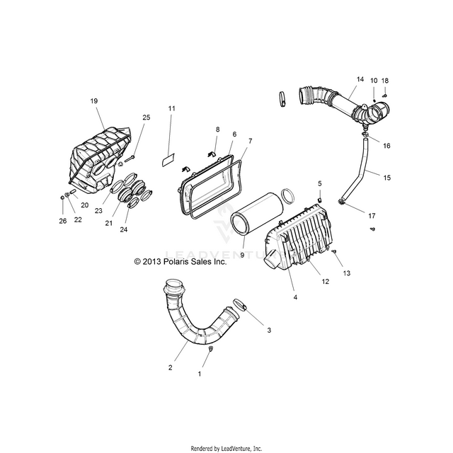An Image of a Genuine Polaris Parts Schematic Diagram showing the schematic - ENGINE: AIR INTAKE SYSTEM - 2015 POLARIS RZR XP 4 1000