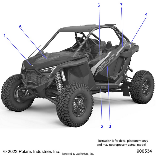 An Image of a Genuine Polaris Parts Schematic Diagram showing the schematic - BODY: DECALS GRAPHICS - 2023 POLARIS RZR TURBO R PREMIUM