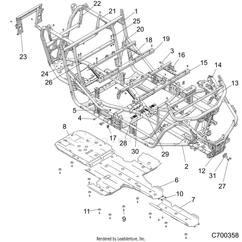 An Image of a Genuine Polaris Parts Schematic Diagram showing the schematic - CHASSIS: MAIN FRAME AND SKID PLATES - 2019 POLARIS RZR XP 4 TURBO S