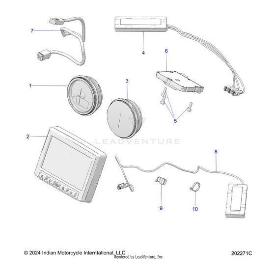 Diagram illustrating the components of the Tcu Programmed 500G1 V1.2 by Polaris, featuring a display screen, two round dials, cables, mounting bracket, screws, and connectors—all numbered for straightforward identification.
