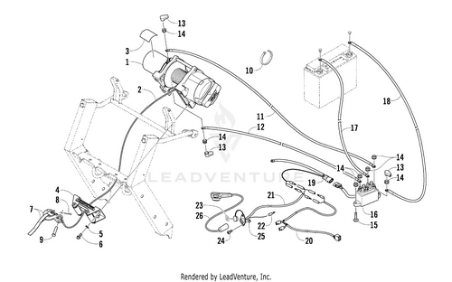 A technical diagram of a vehicle’s electrical system labels parts like the battery, wiring, connectors, and switches—including the Warn Winch - 3.0 (Composite End) (Inc. 2-3) by Arctic Cat—with each OEM part numbered for easy reference.