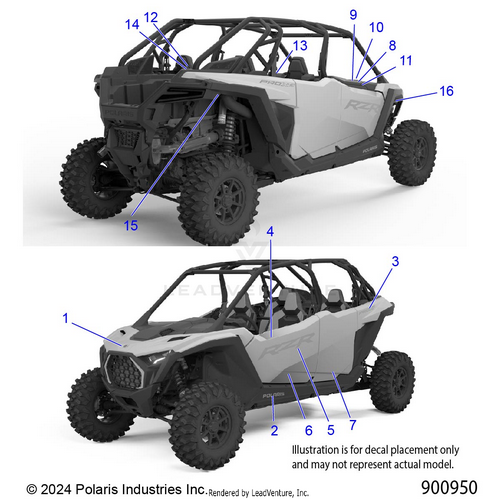 An Image of a Genuine Polaris Parts Schematic Diagram showing the schematic - BODY: DECALS - 2025 POLARIS RZR PRO XP 4 SPORT