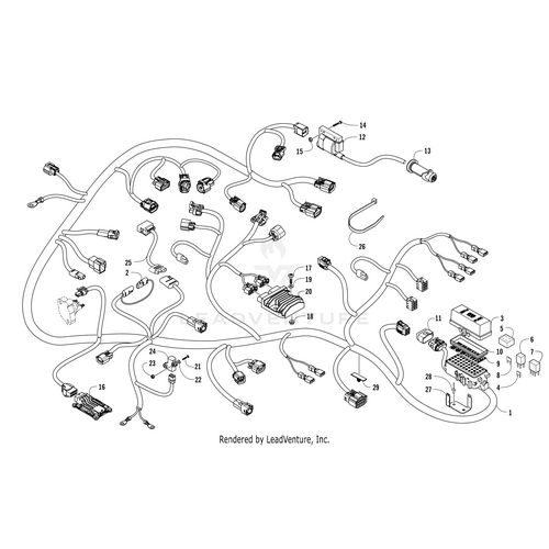 Black and white line diagram of the Main Harness (Inc. 2-11) by Arctic Cat, featuring labeled connectors, wires, plugs, and numbered components—perfect for referencing OEM Arctic Cat Parts like the Arctic Cat 0486-579.