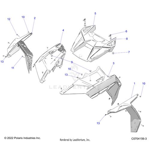 An Image of a Genuine Polaris Parts Schematic Diagram showing the schematic - BODY: HOOD AND FRONT BODY WORK - 2023 POLARIS RZR XP 1000 PREMIUM RIDE COMMAND