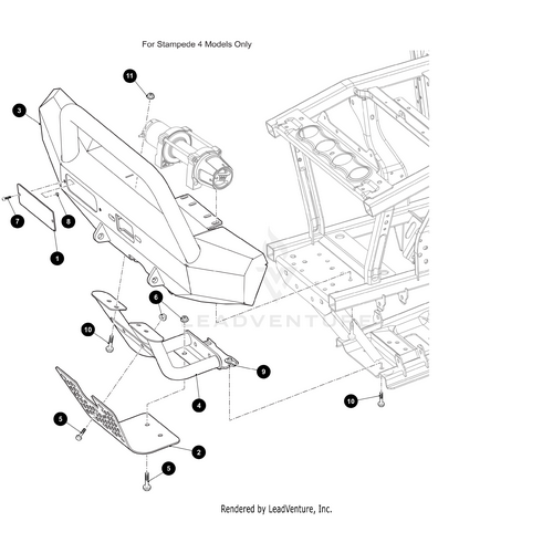 Exploded diagram of Grill Sheet V2 Front Bumper-Black Text by Arctic Cat, showing numbered parts, mounting brackets, bolts, skid plate, and chassis frame. Parts are displayed separately for clarity and closely match OEM Arctic Cat components.