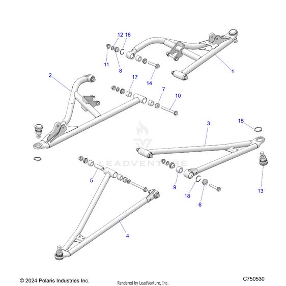 An Image of a Genuine Polaris Parts Schematic Diagram showing the schematic - SUSPENSION: FRONT CONTROL ARMS - 2025 POLARIS RZR XP 4 1000 PREMIUM