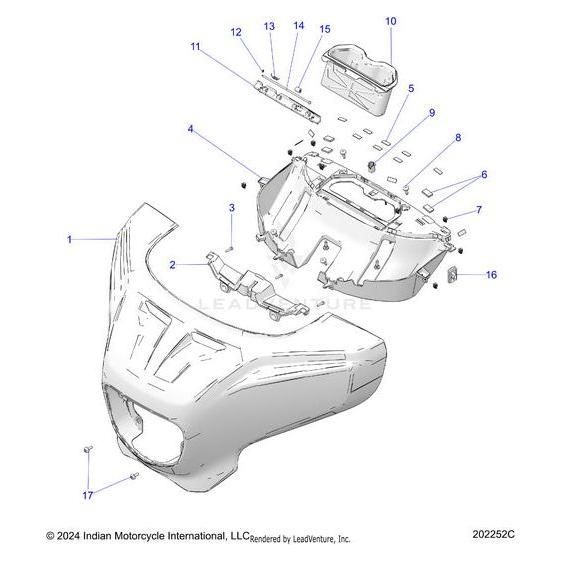 Exploded diagram of an Indian Motorcycle OEM fairing assembly, featuring the Fairing Outer Ssrdmet [Sunset Red Metallic] by Polaris, inner panels, fasteners, and hardware—each part is numbered and clearly labeled for easy identification.