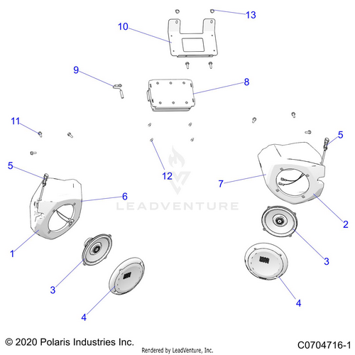 An Image of a Genuine Polaris Parts Schematic Diagram showing the schematic - ELECTRICAL: AUDIO SPEAKERS RIDE COMMAND - 2023 POLARIS RZR TRAIL S 1000 EPS