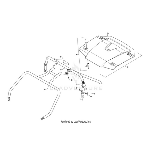 Detailed line drawing of a disassembled Rops Rear-W/Warning Decal-(Wc X Tag) (Inc. 5) by Arctic Cat, with numbered roof panel, support bars, screws, and brackets—perfect for locating OEM parts or adding Wildcat accessories.