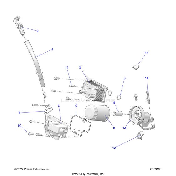An Image of a Genuine Polaris Parts Schematic Diagram showing the schematic - ENGINE: DIPSTICK AND OIL FILTER - 2023 POLARIS RZR XP 1000 SPORT