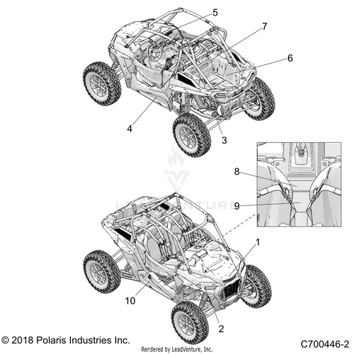 An Image of a Genuine Polaris Parts Schematic Diagram showing the schematic - BODY: DECALS STANDARD - 2019 POLARIS RZR XP TURBO S VELOCITY