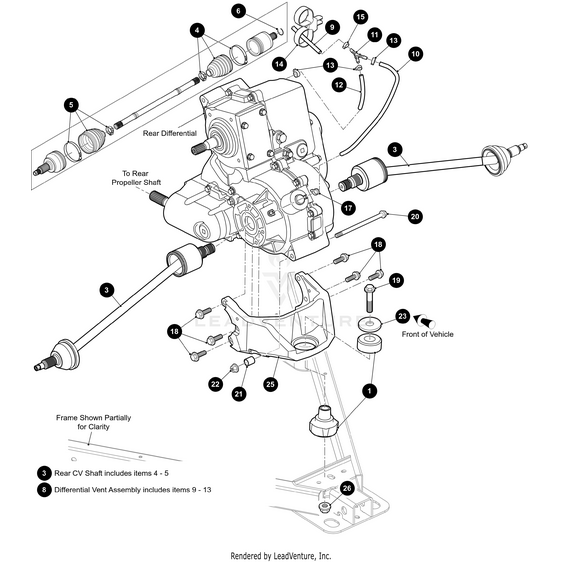 Technical diagram of a rear differential assembly, highlighting parts like the rear CV shaft, vent assembly, and bolts—ideal for identifying OEM Arctic Cat components such as the Doj Boot Kit; frame partially shown for clarity.