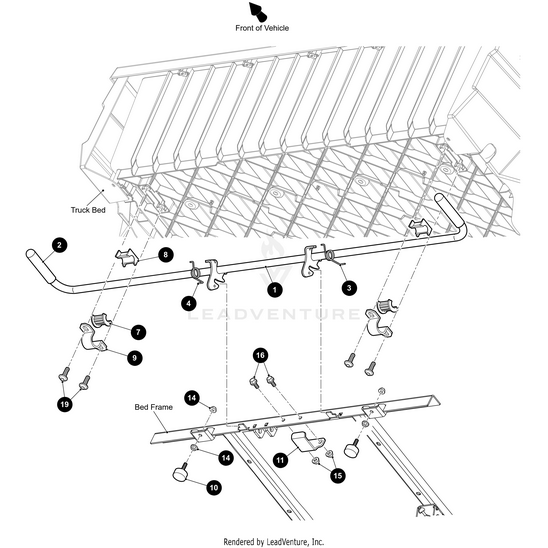 Diagram showing the assembly of a truck bed rail system with labeled parts, including the J Hook by Arctic Cat, bolts, brackets, and support bars positioned on the truck bed and frame from an angled perspective.